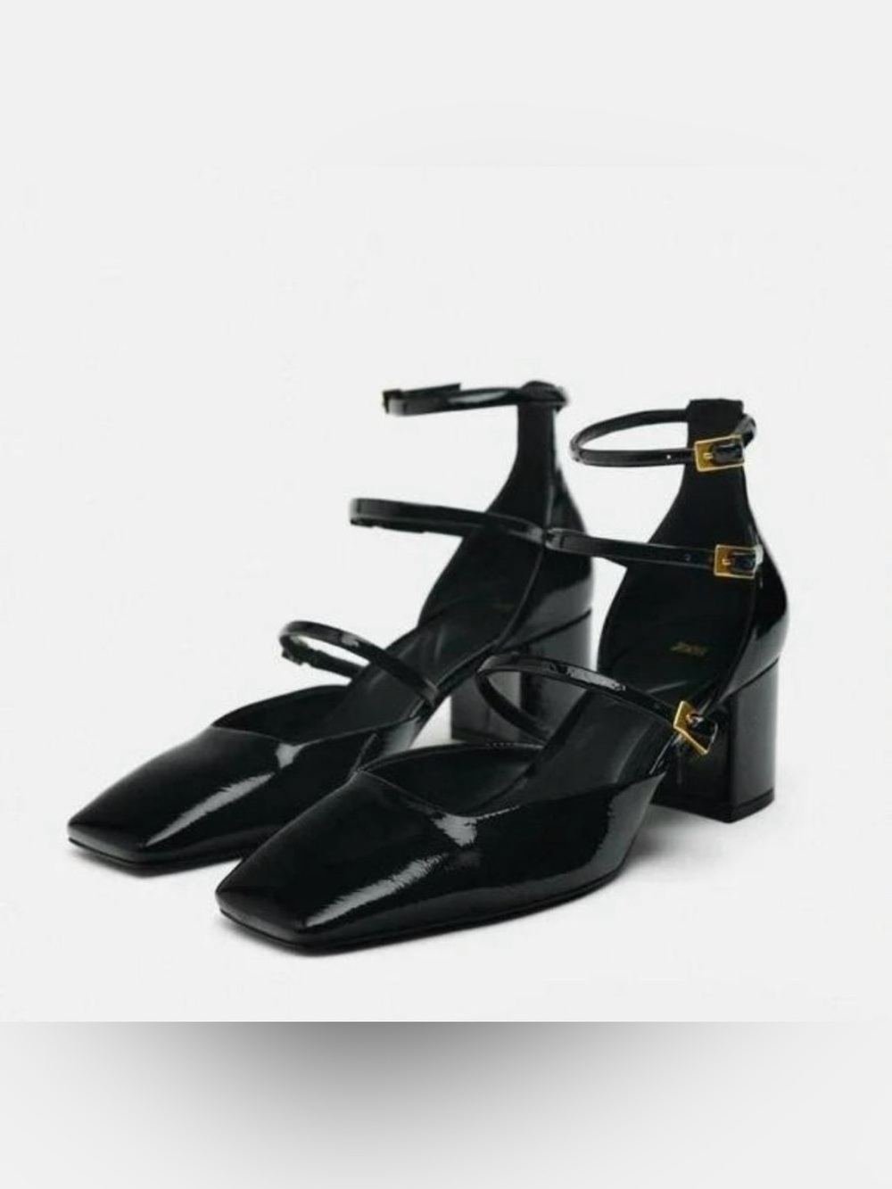 Zara Triple‎ Strap Mary Jane Heels 10/40 Black Patent Block Heel Coquette Chic